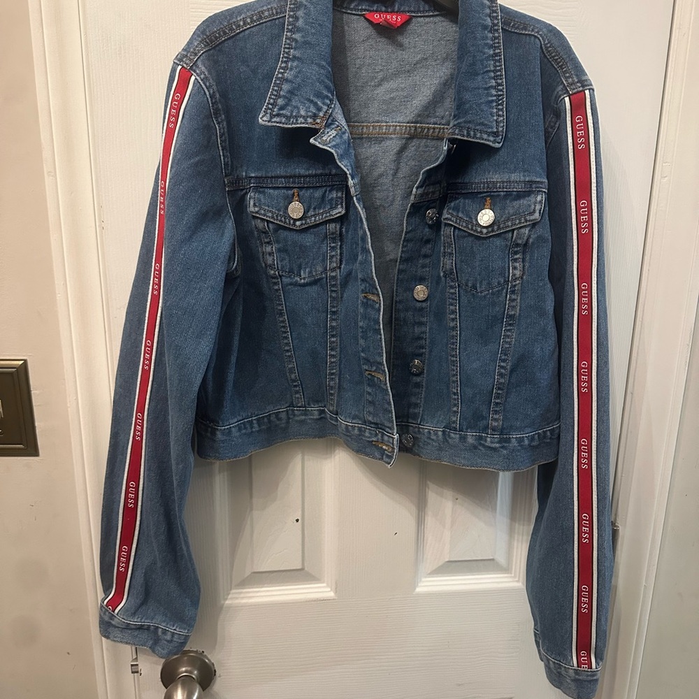 GUESS Blue Denim Jacket with Red Stripes